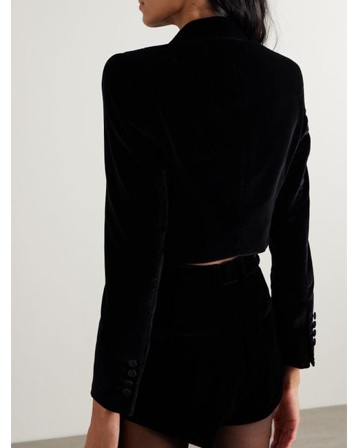 Dolce & Gabbana Black Cropped Double-Breasted Satin-Trimmed Velvet Blazer