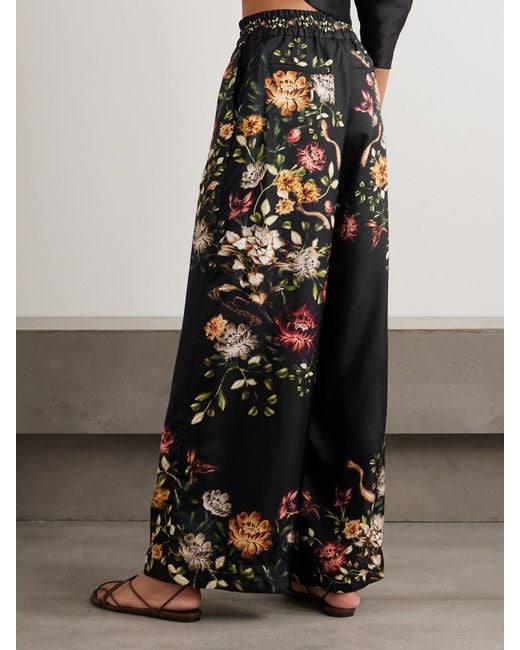 Agua Bendita Black Tota Paramo Floral-Print Silk-Twill Wide-Leg Pants