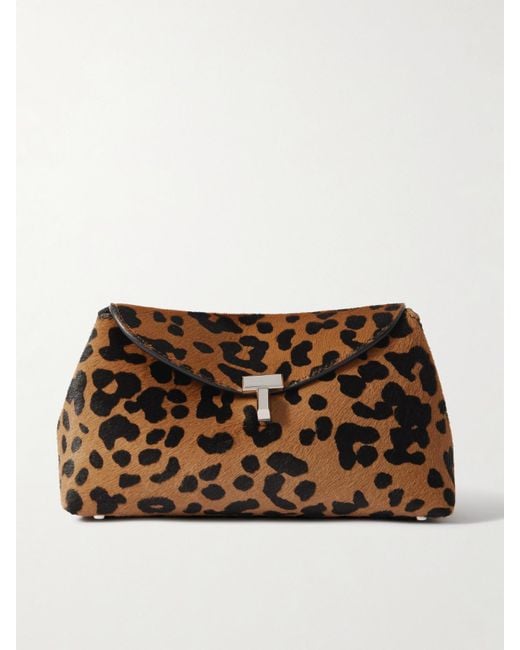 Totême  Brown T-Lock Mini Leopard-Print Calf Hair Clutch
