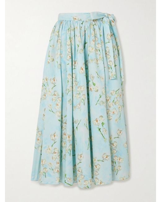 Emilia Wickstead Blue Evelyna Pleated Floral-Print Cotton-Poplin Midi Wrap Skirt