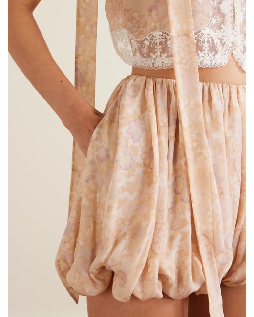 Chloé Natural Pleated Floral-Print Silk-Charmeuse Shorts