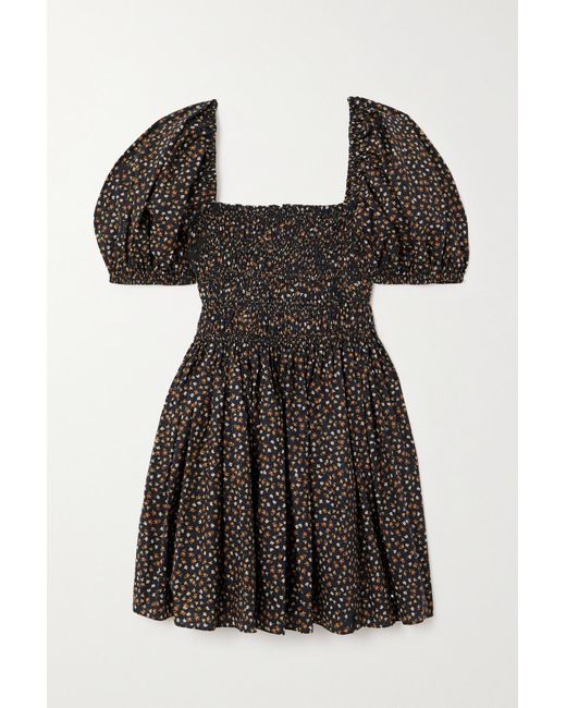 Matteau Black + Net Sustain Shirred Printed Organic Cotton Mini Dress