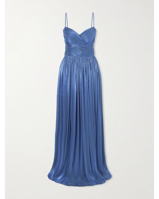 Costarellos Blue Sereen Draped Pleated Metallic Georgette Gown