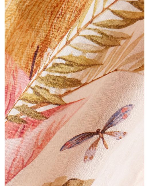 Zimmermann Pink Ascension Geraffte Bluse Aus Ramie Mit Blumenprint Und Verzierungen
