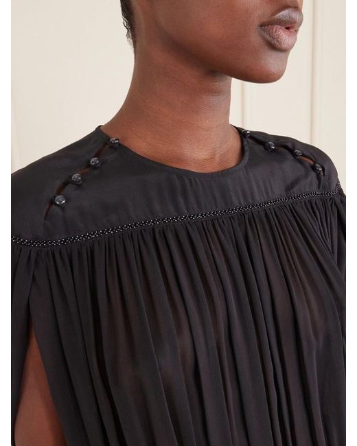 Isabel Marant Black Nesrine Bead-Embellished Pleated Smocked Silk Maxi Dress