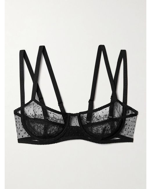 Dolce & Gabbana Black Polka-Dot Tulle And Chantilly Lace Underwired Soft-Cup Balconette Bra