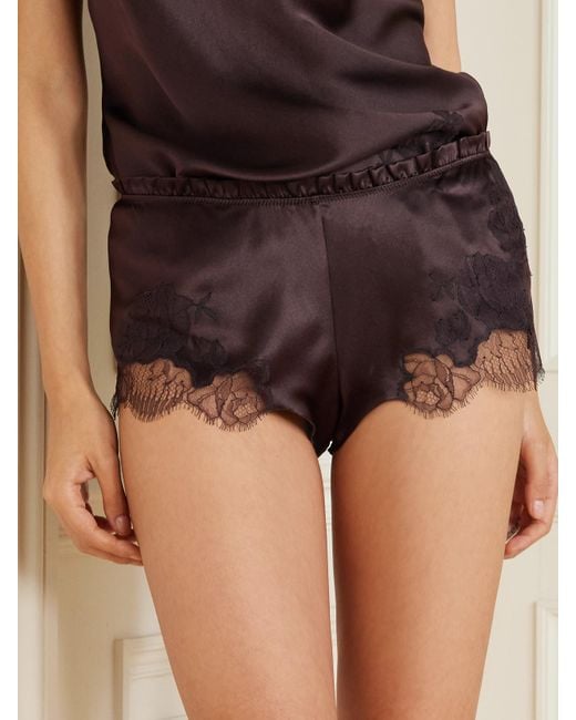 Carine Gilson Purple Lace-Trimmed Silk-Satin Shorts