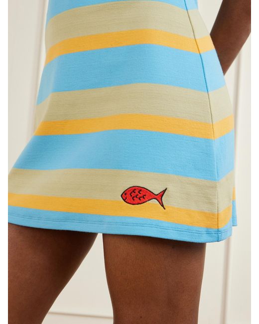 Staud Blue Da Adolfo Vespa Striped Logo-Embroidered Cotton-Blend Dress