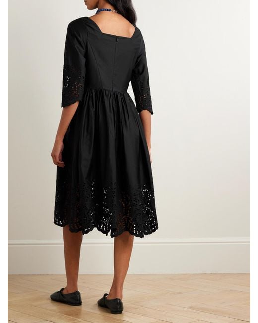Robe Midi En Popeline De Coton À Broderie Anglaise, Fronces Et Festons Amalia Thierry Colson en coloris Black