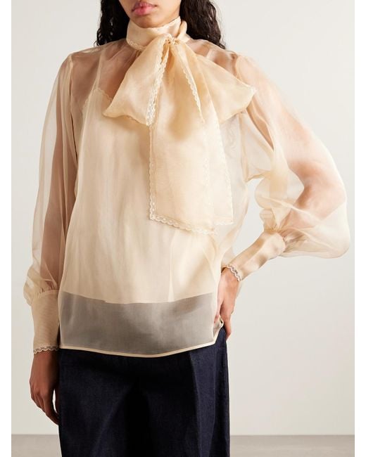 Zimmermann Natural Pussy-Bow Lace-Trimmed Silk-Organza Blouse