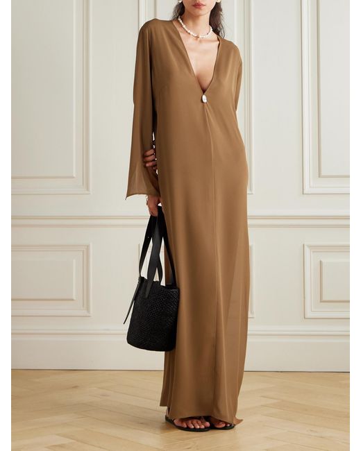 SARA CRISTINA Natural Pearl-Embellished Silk-Crepe Kaftan