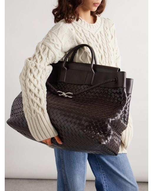 Bottega Veneta Black Avenue Maxi Leather-Trimmed Intrecciato Tote