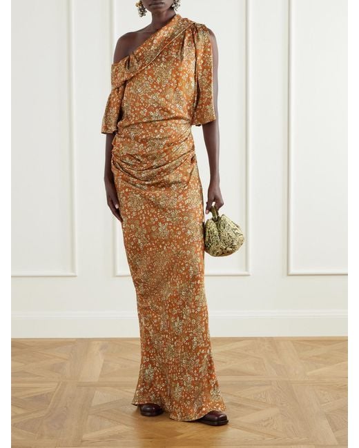 Dries Van Noten Natural One-Shoulder Gathered Floral-Print Crepe Midi Dress