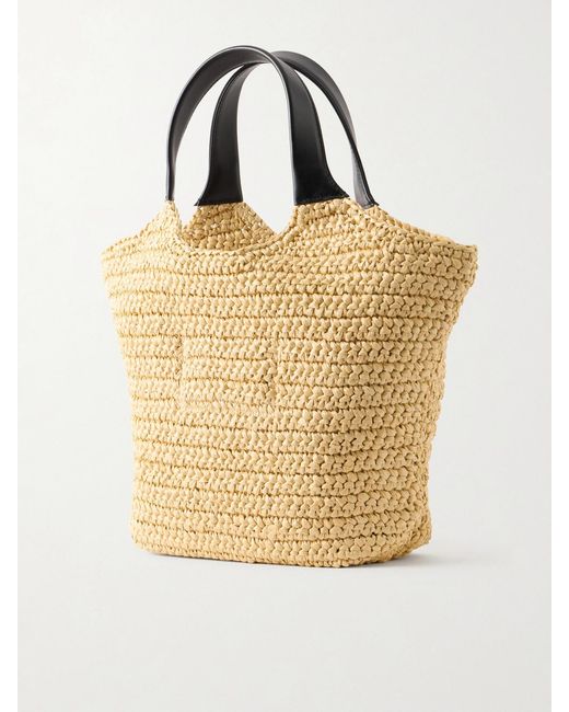 Balmain Natural Cabas Mini Leather-Trimmed Raffia Shoulder Bag