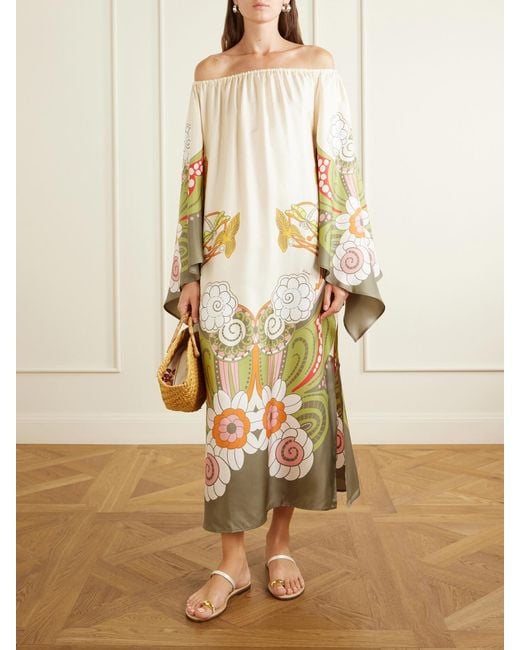 LaDoubleJ Natural Goddess Printed Off-The-Shoulder Silk-Twill Midi Dress