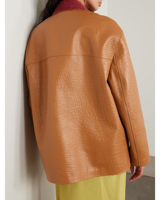 Gucci Brown Oversized Suede-Trimmed Textured-Leather Jacket
