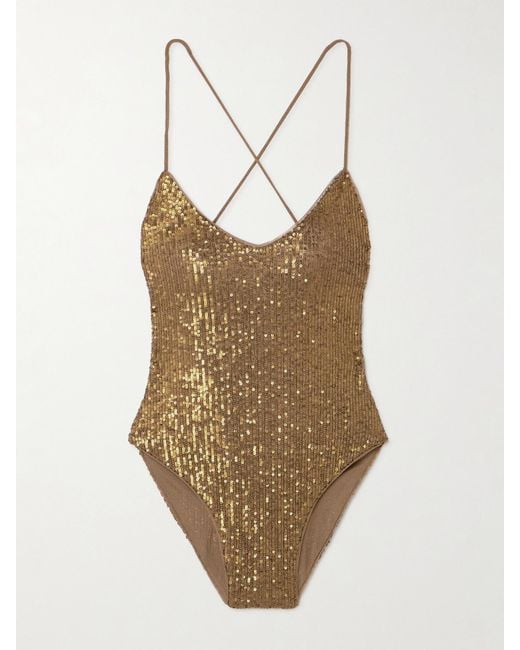 Norma Kamali Natural Fara Open-Back Sequined Mesh Bodysuit
