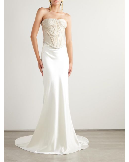 Danielle Frankel Natural Priscilla Strapless Gathered Taffeta Bustier Top