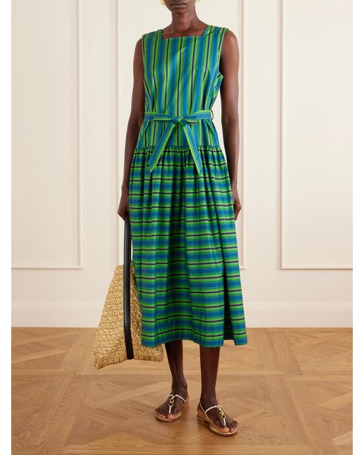 ALÉMAIS Green Margo Belted Striped Organic Cotton-Poplin Midi Dress