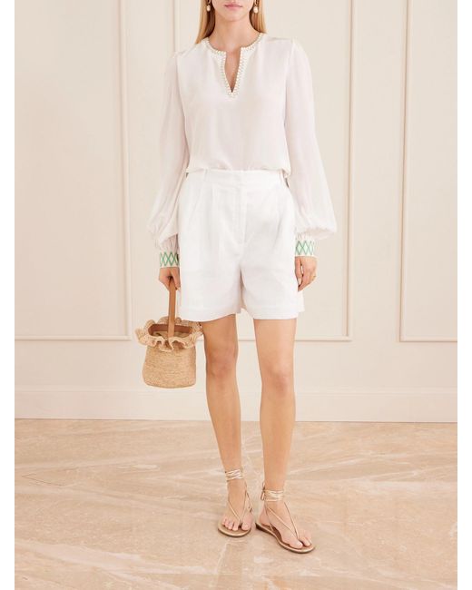 Emporio Sirenuse White Vera Embroidered Silk-Crepe Blouse
