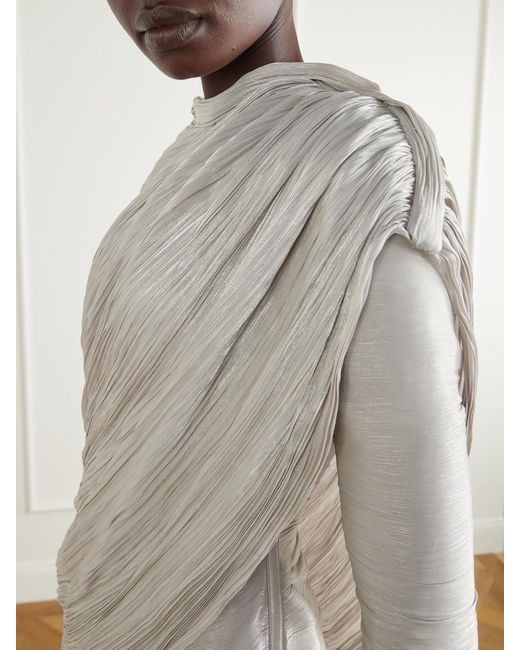 Marmar Halim White Cape-Effect Plissé Crepe De Chine Gown
