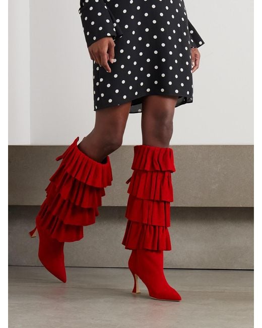 Manolo Blahnik Mifalone 90 Tiered Ruffled Suede Knee Boots