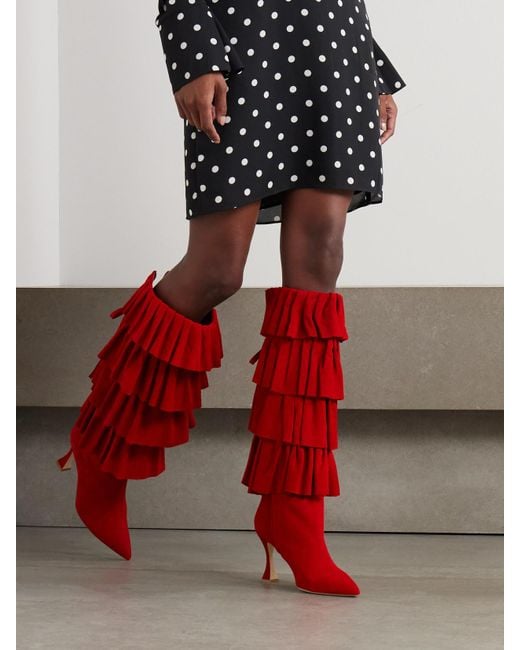 Manolo Blahnik Mifalone 90 Tiered Ruffled Suede Knee Boots