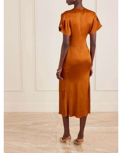Victoria Beckham Orange Gathered Satin Midi Dress