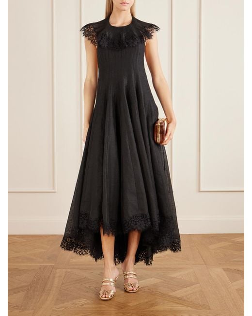 Zimmermann Black Ascent Flutter Lace-Trimmed Linen And Silk-Blend Gown
