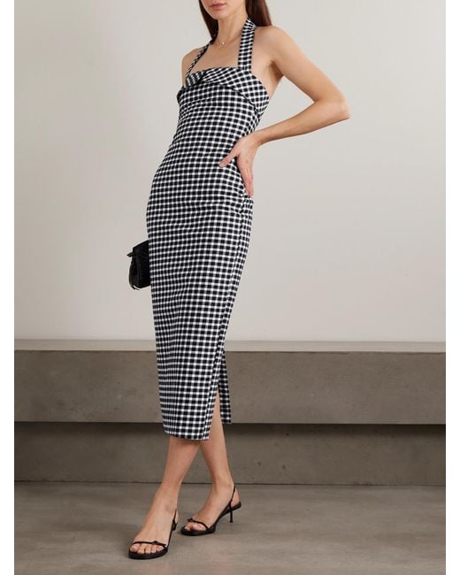 Posse White Chiara Checked Cotton-Blend Halterneck Midi Dress