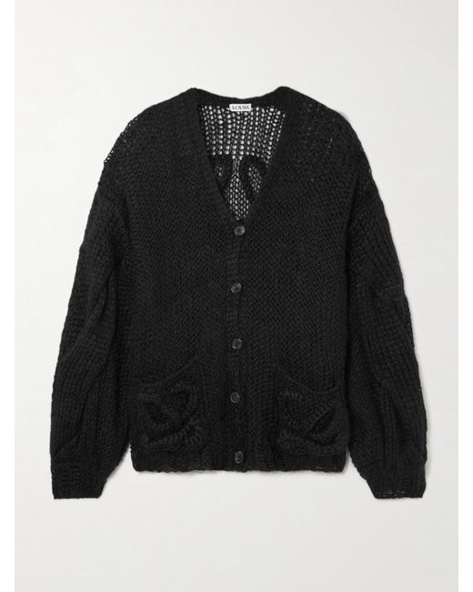 Loewe Anagram Embroidered Open-Knit Mohair-Blend Cardigan in Black