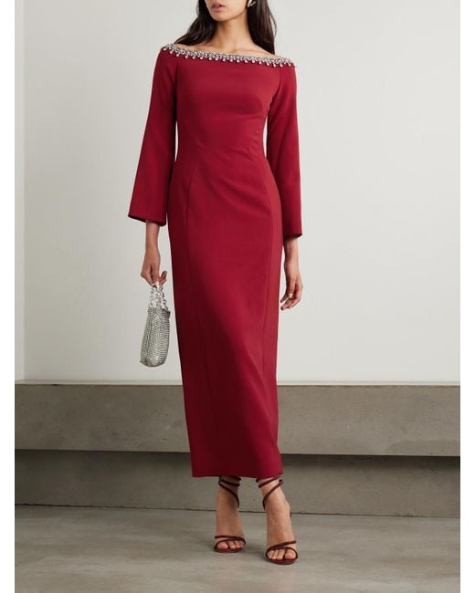 Jenny Packham Red Off-The-Shoulder Embellished Cady Midi Dress