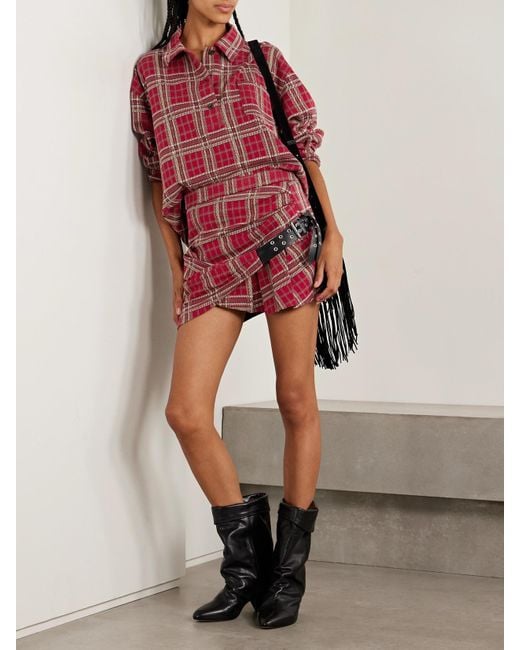 Isabel Marant Red Gisen Belt-Detailed Draped Checked Cotton Mini Skirt