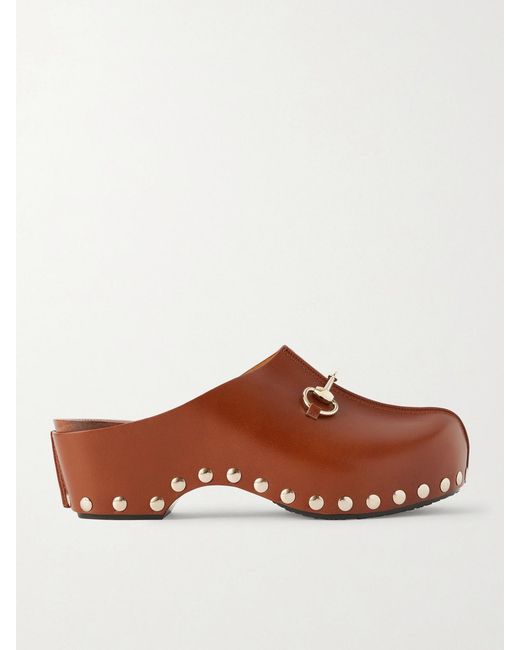 Gucci Brown Embellished Studded Leather Clogs