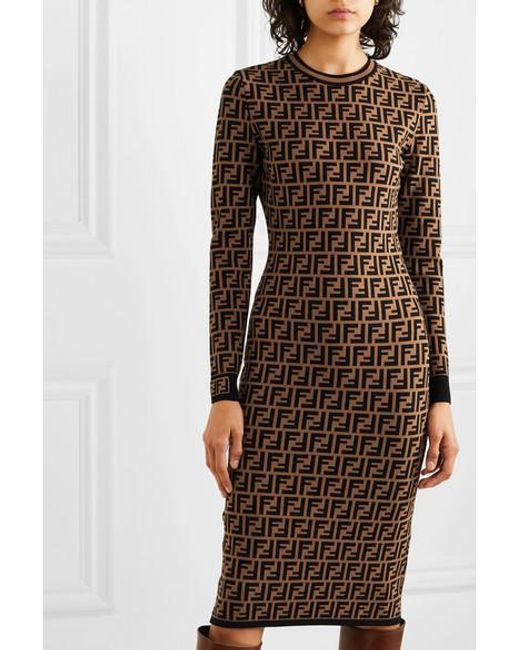 Fendi Ff Logo Jacquard Sweater Dress in Brown
