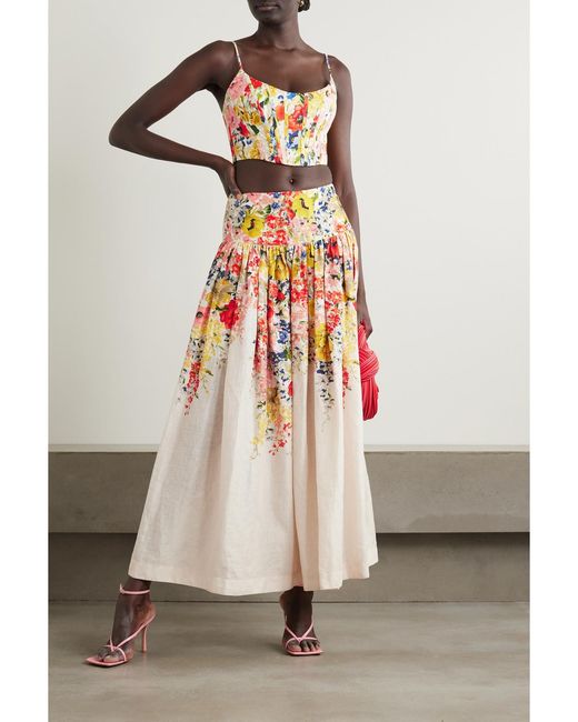 Zimmermann White Net Sustain Alight Cropped Shirred Floral-Print Linen Bustier Top