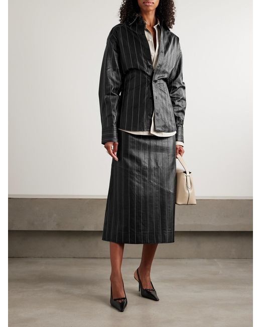 Victoria Beckham Black Paneled Embroidered Pinstriped Leather Midi Skirt