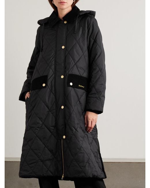 Barbour Black Meredith Hooded Corduroy-Trimmed Quilted Shell Jacket