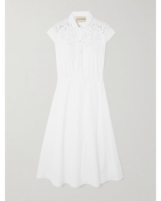 Valentino Garavani White Broderie Anglaise-Trimmed Cotton-Poplin Midi Dress