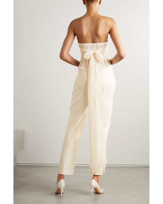 Danielle Frankel Natural Anika Strapless Cotton-Blend Twill, Tulle And Plissé-Satin Bustier Top