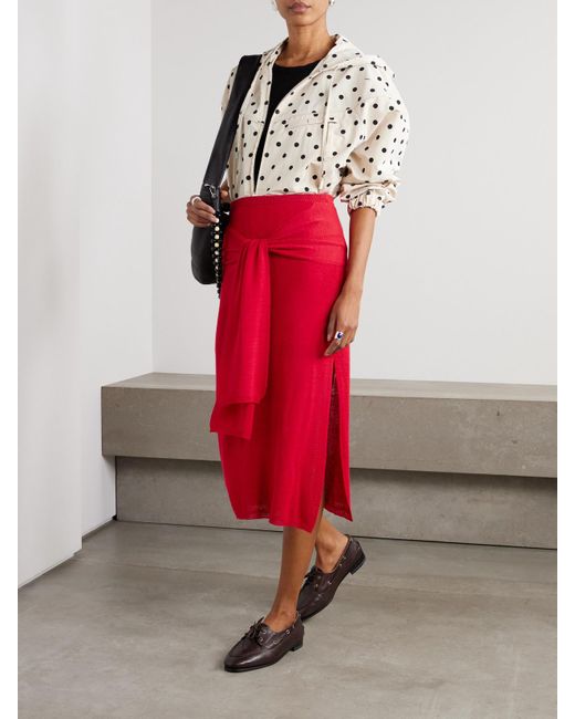 Proenza Schouler Red Phelan Tie-Front Pointelle-Knit Linen-Blend Midi Skirt