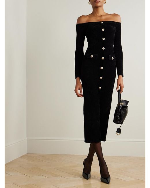 Self-Portrait Black Off-The-Shoulder Button-Embellished Chenille Midi Dress