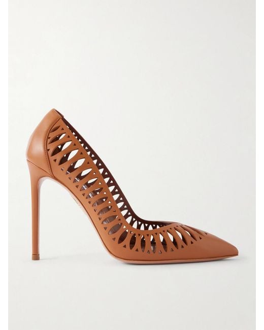 Aquazzura Brown Gisele 105 Cut-Out Leather Pumps