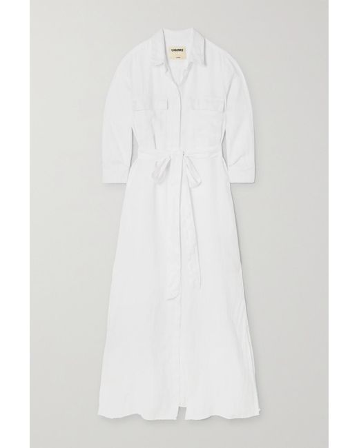 L'Agence Cameron Belted Linen Maxi Shirt Dress in White | Lyst
