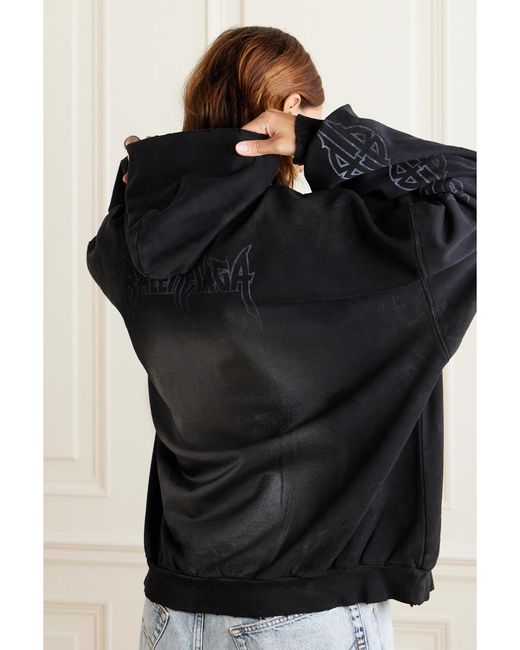 Balenciaga Black Oversized Distressed Printed Cotton-Jersey Hoodie