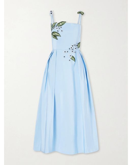Oscar de la Renta Blue Floral-Embellished Silk Midi Dress