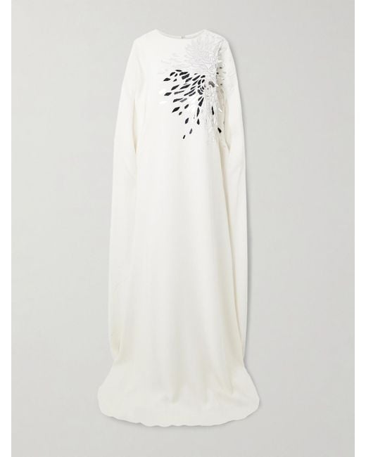 Oscar de la Renta White Embellished Stretch-Silk Georgette Gown