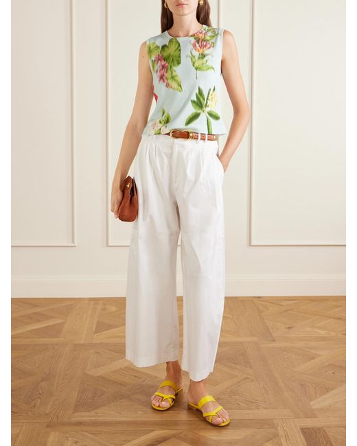 Oscar de la Renta Green Floral-Print Cotton-Blend Knitted Tank