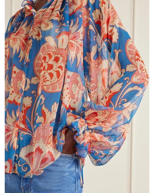Etro White Floral-Print Silk-Chiffon Peplum Blouse