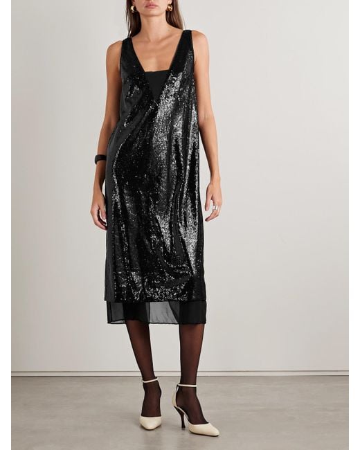 Robe Midi En Jersey À Sequins Et À Perles La Ligne en coloris Black